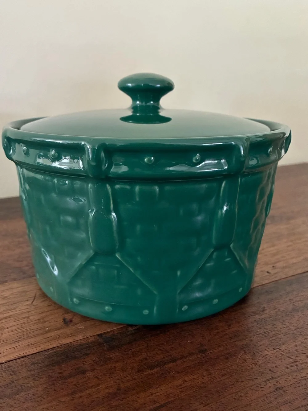 Longaberger Pottery Ivy Green Woven Drum Crock with Lid
